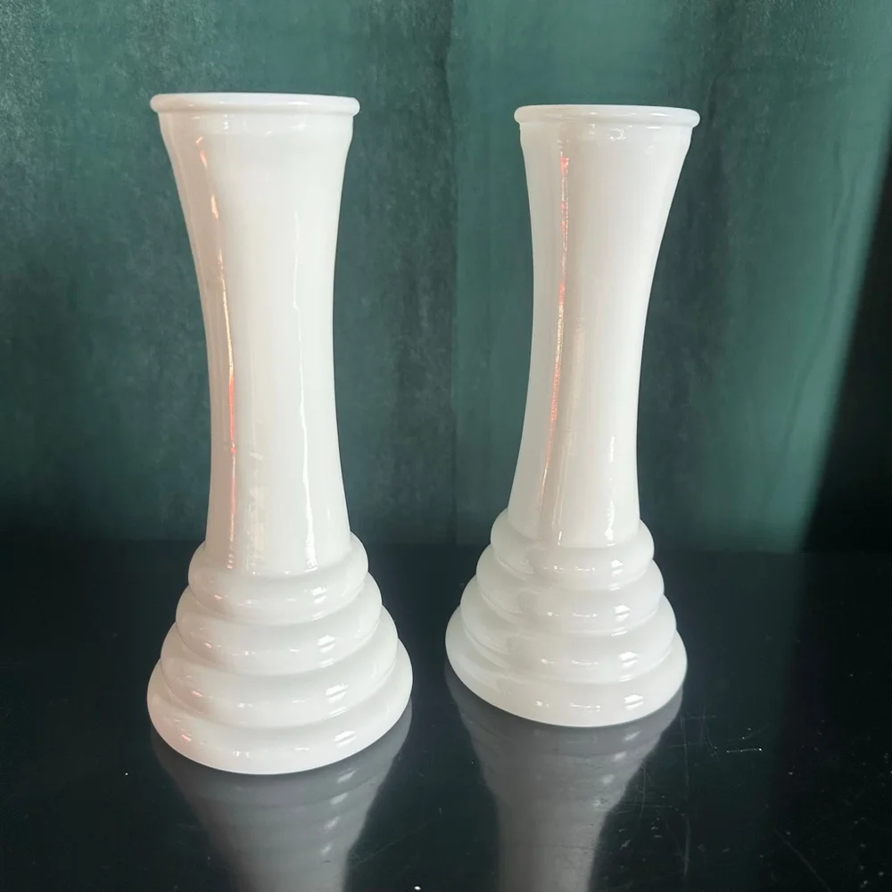 Vintage Randall White Milk Glass Bud Vases, Beehive Ringed BaseSet of 2